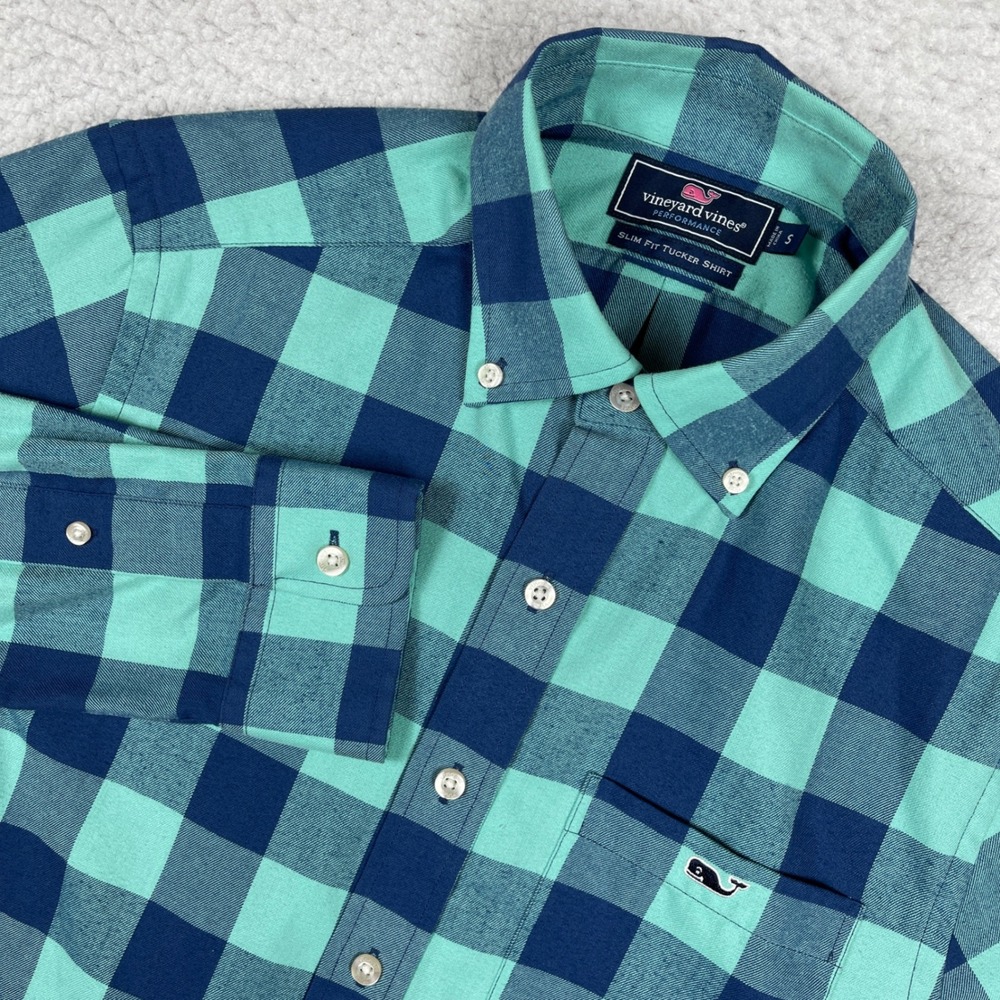 Vineyard Vines Performance Tucker Shirt Mens Small Teal Blue Buffalo Check Plaid